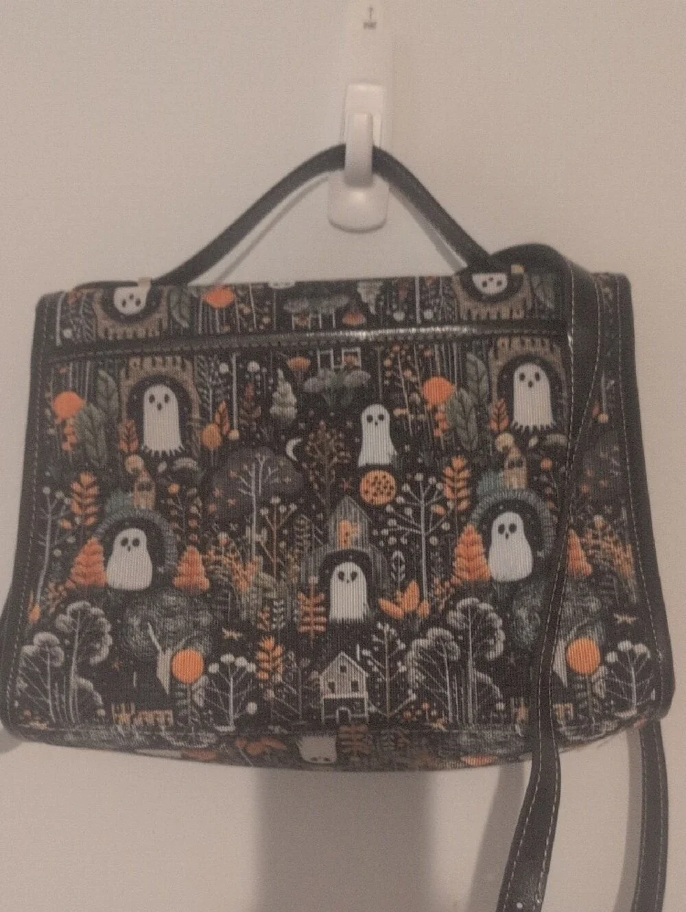 Whimsical Ghost Print Top-Handle Shoulder Bag in Black and Orange